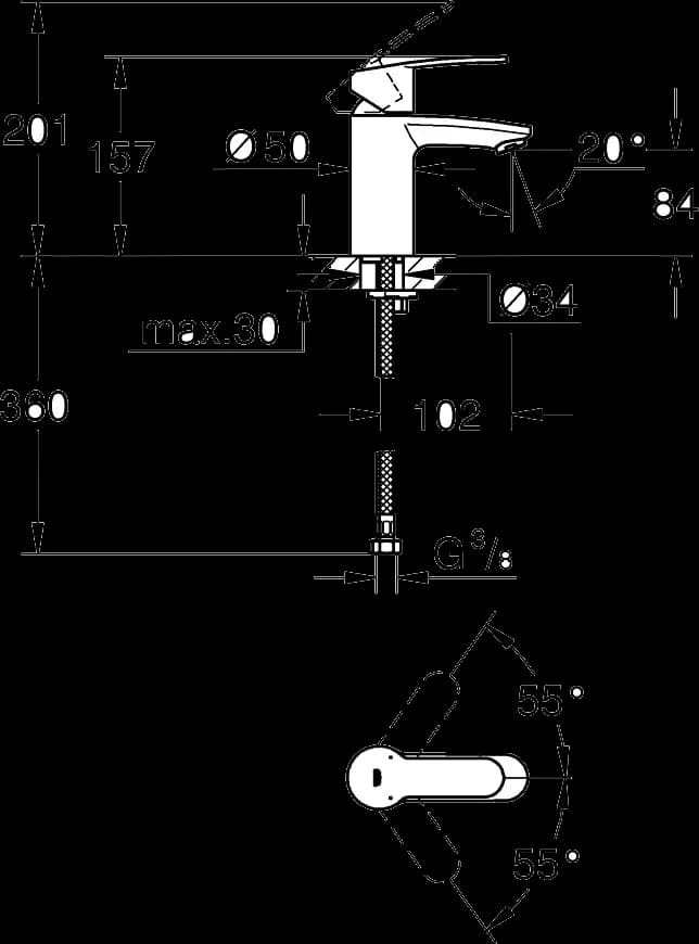GROHE Eurostyle Cosmopolitan Baterie lavoar monocomandă 1/2" - desen tehnic cu cote