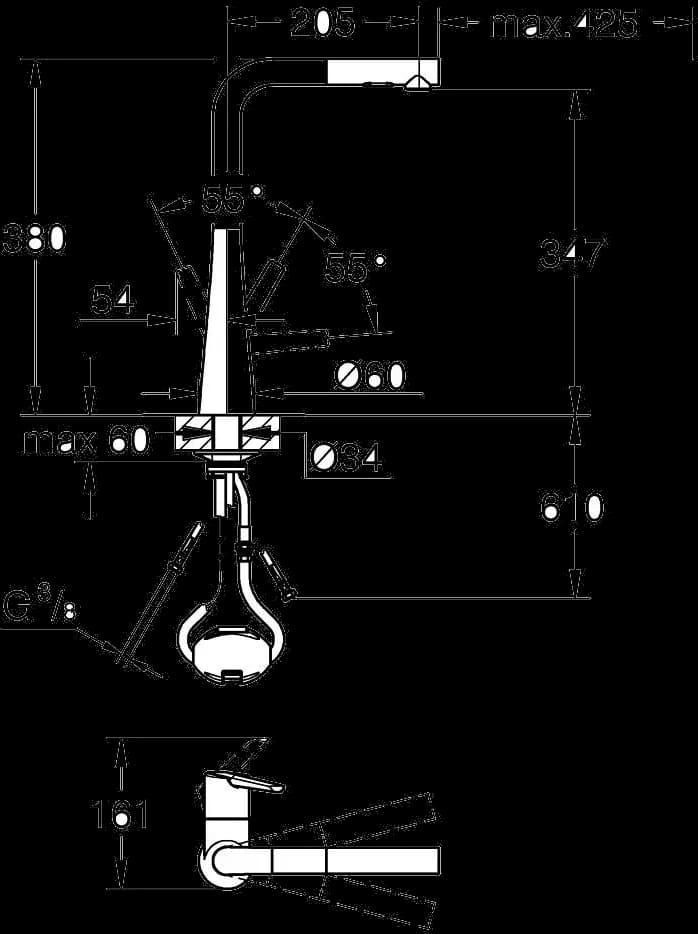 GROHE Zedra Baterie spălător cu monocomandă 1/2" - desen tehnic cu cote