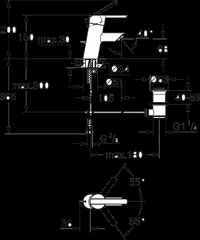 GROHE Feel Baterie lavoar monocomandă 1/2" - desen tehnic cu cote