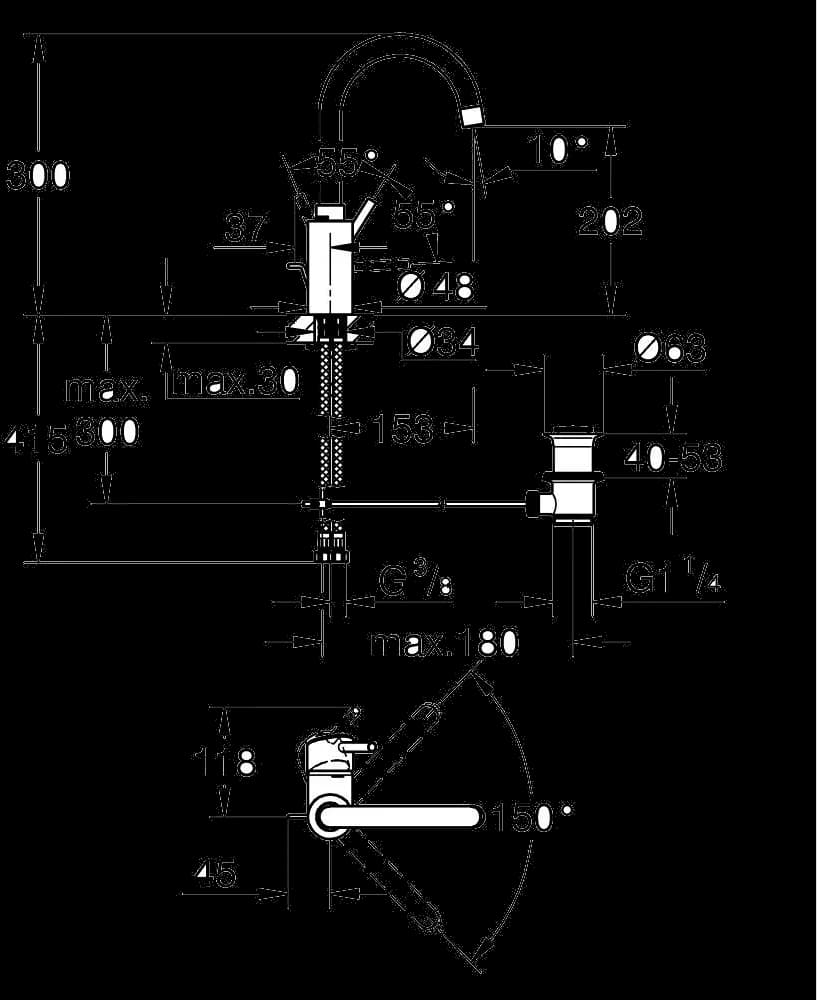 GROHE Concetto Baterie lavoar monocomandă 1/2" Mărimea L - desen tehnic cu cote