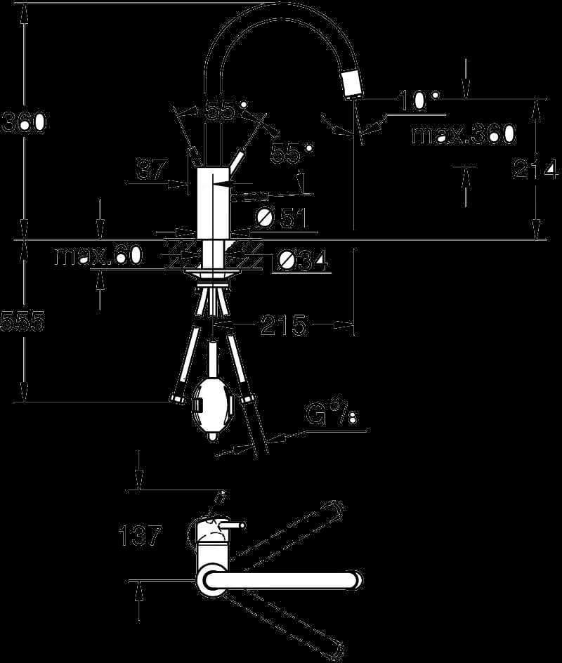 GROHE Concetto Baterie spălător cu monocomandă 1/2" - desen tehnic cu cote