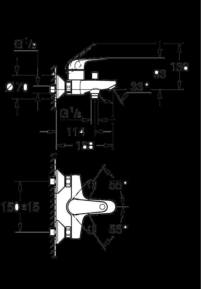 GROHE EuroPro Baterie cadă monocomandă 1/2" - desen tehnic cu cote