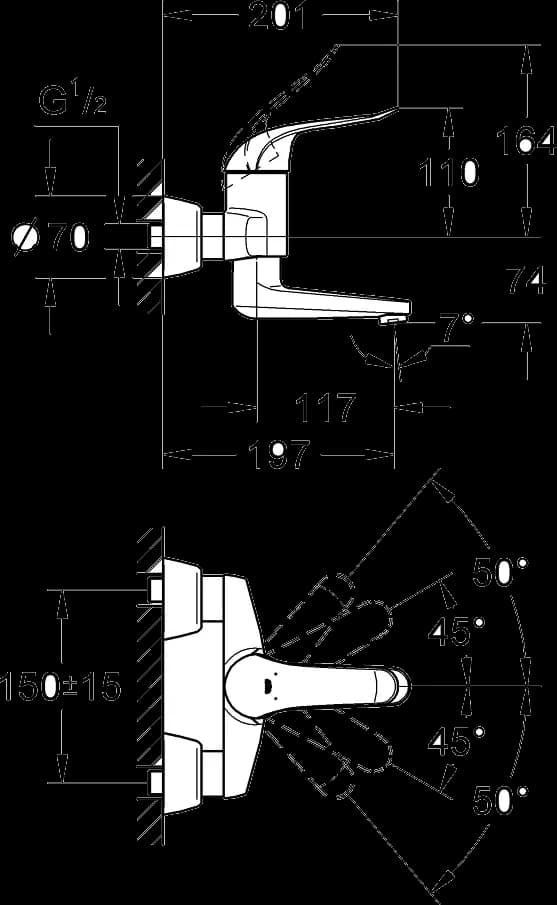 GROHE Eurosmart Care Baterie lavoar monocomandă 1/2" - desen tehnic cu cote