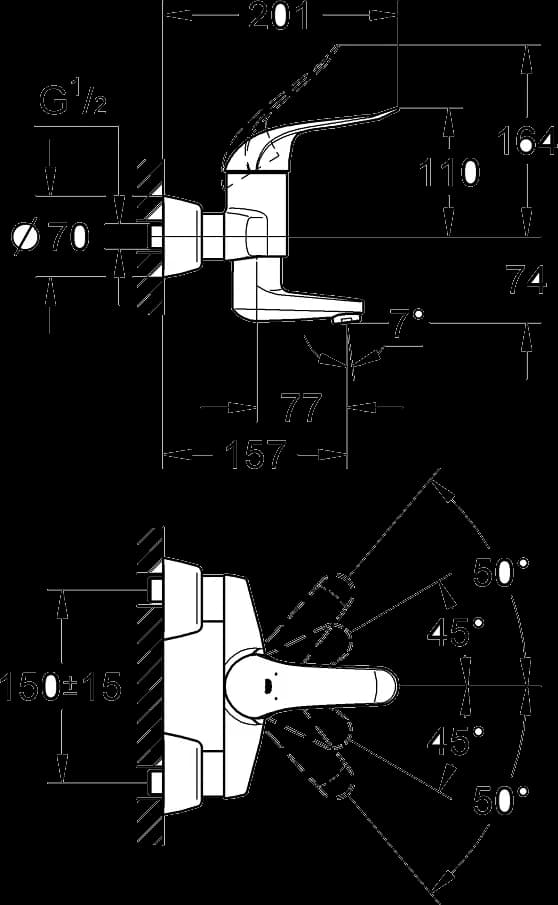 GROHE Eurosmart Care Baterie lavoar monocomandă 1/2" - desen tehnic cu cote
