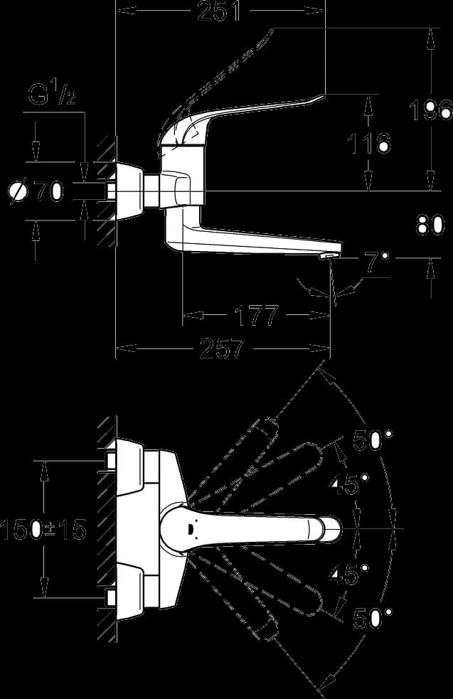 GROHE Eurosmart Care Baterie lavoar monocomandă 1/2" - desen tehnic cu cote