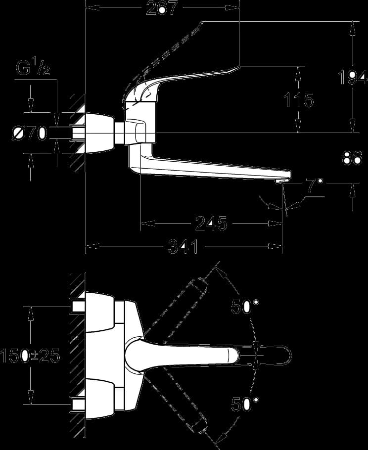 GROHE Eurosmart Care Baterie lavoar monocomandă 1/2" - desen tehnic cu cote
