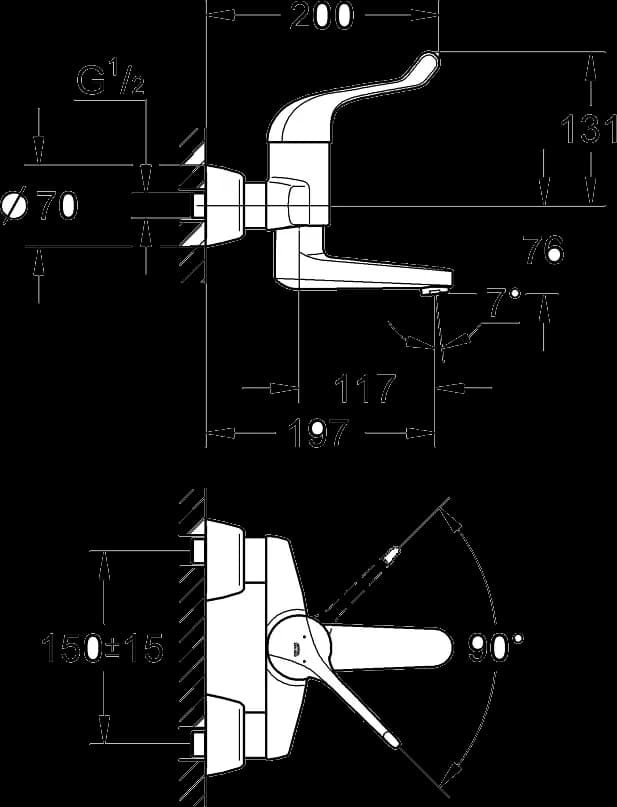 GROHE Eurosmart Care Baterie lavoar monocomandă 1/2" - desen tehnic cu cote