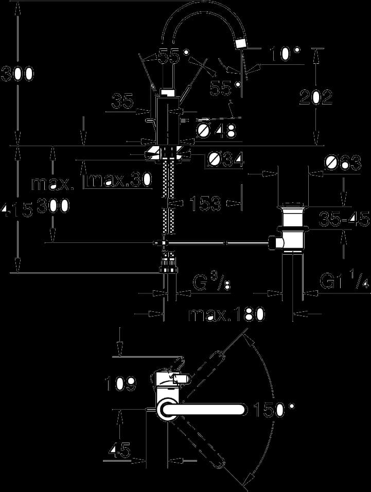GROHE Eurosmart Cosmopolitan Baterie lavoar monocomandă 1/2" Mărimea L - desen tehnic cu cote