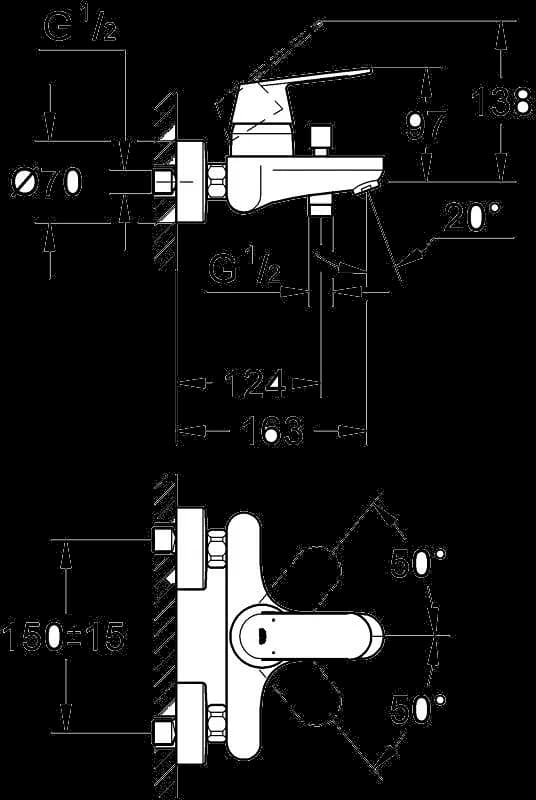 GROHE Eurosmart Cosmopolitan Baterie cadă monocomandă 1/2" - desen tehnic cu cote