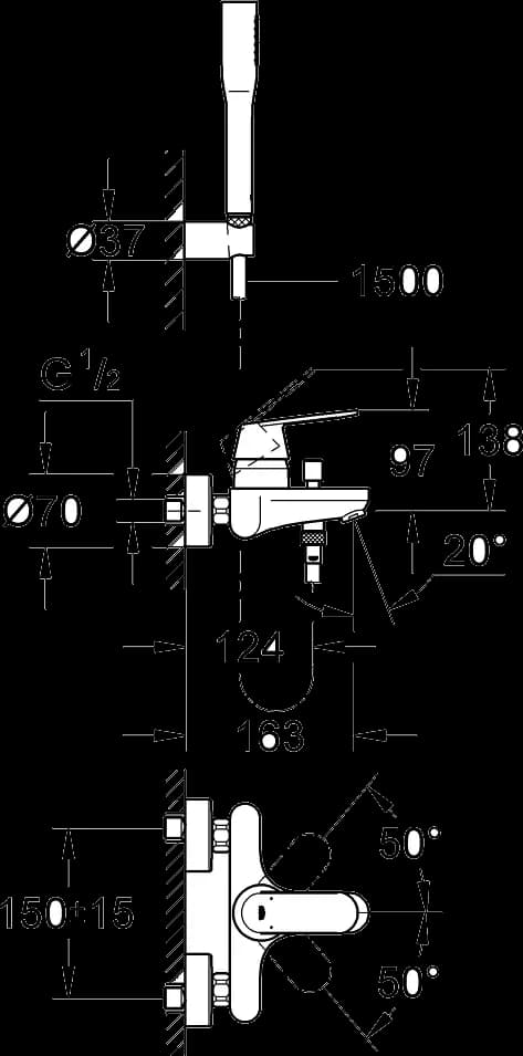 GROHE Eurosmart Cosmopolitan Baterie cadă monocomandă 1/2" - desen tehnic cu cote