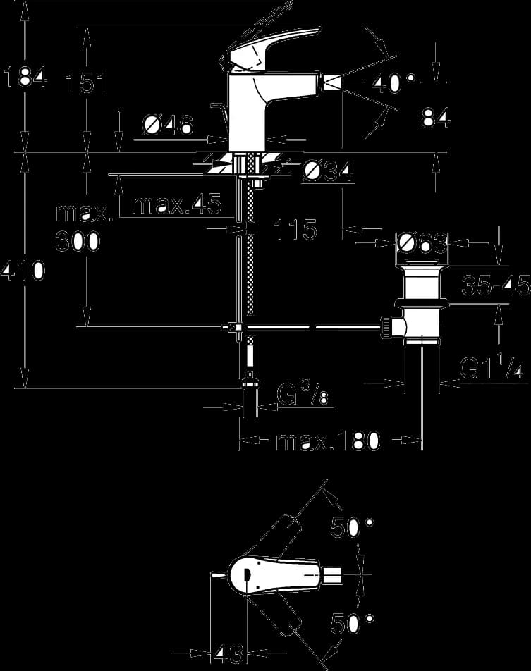 GROHE Eurosmart Baterie bideu monocomandă 1/2" Mărimea S - desen tehnic cu cote