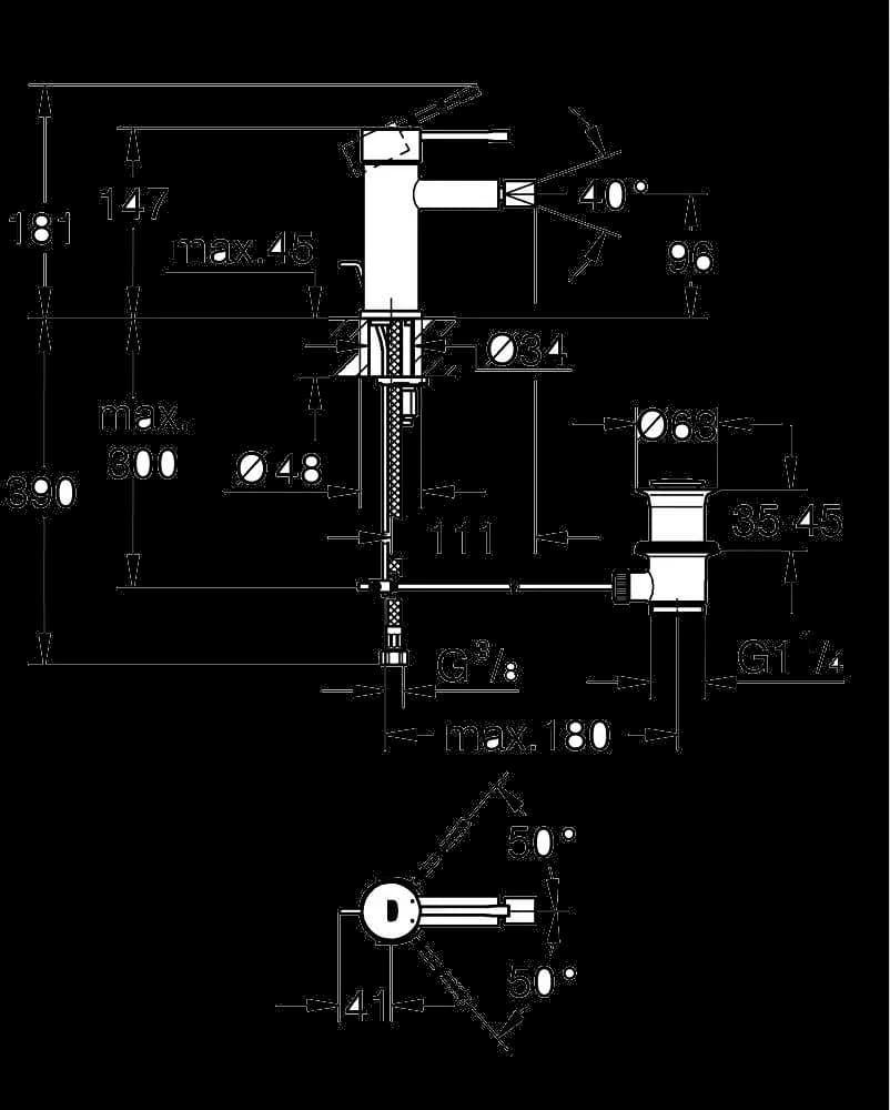 GROHE Essence Baterie bideu monocomandă 1/2" Mărimea S - desen tehnic cu cote