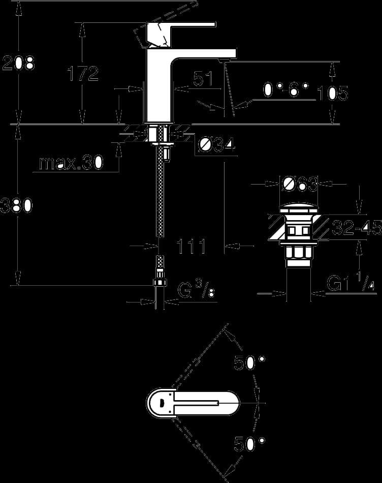GROHE Plus Baterie lavoar monocomandă 1/2" - desen tehnic cu cote
