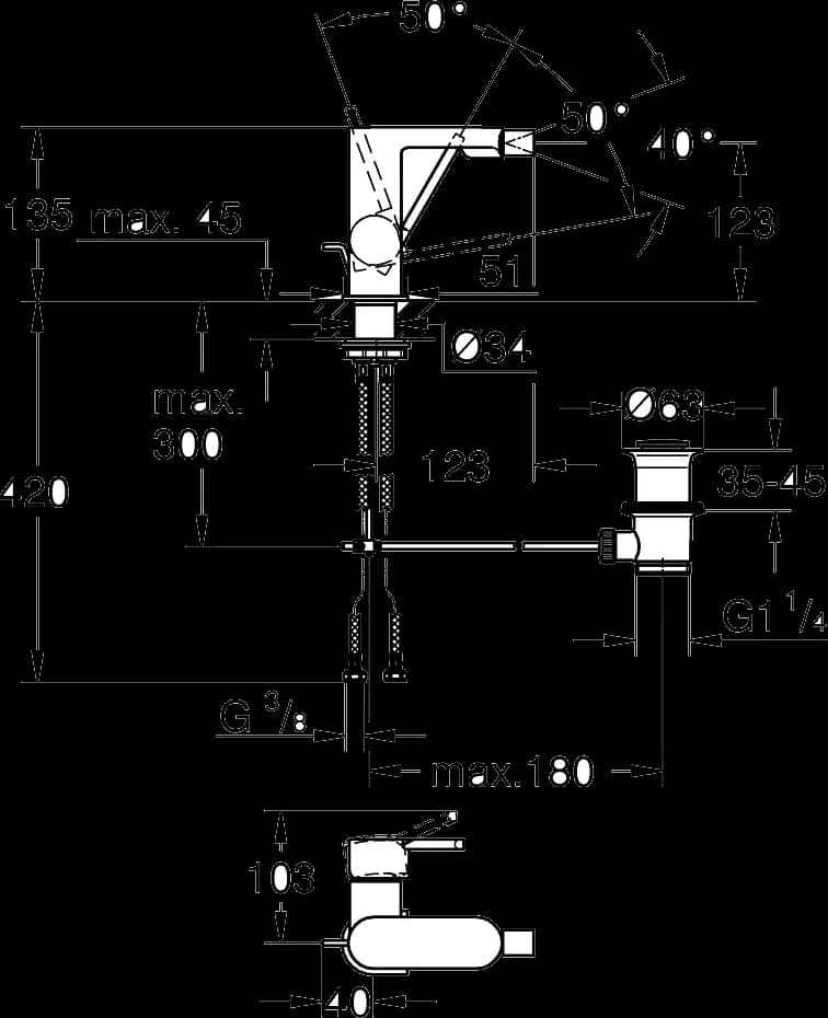 GROHE Plus Baterie bideu monocomandă 1/2" - desen tehnic cu cote