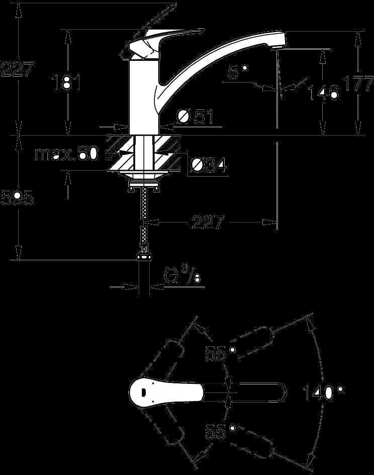 GROHE Eurosmart Baterie spălător cu monocomandă 1/2" - desen tehnic cu cote