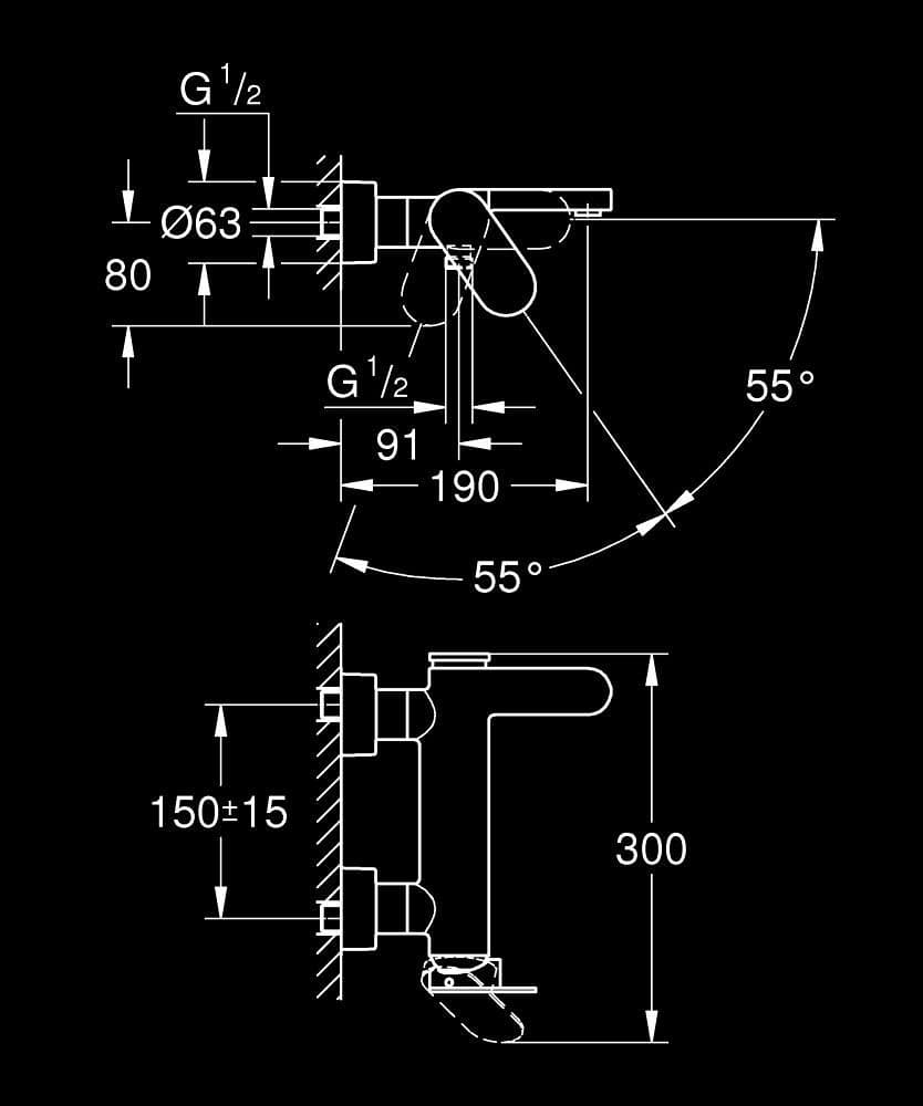 GROHE Plus Baterie cadă monocomandă 1/2" - desen tehnic cu cote