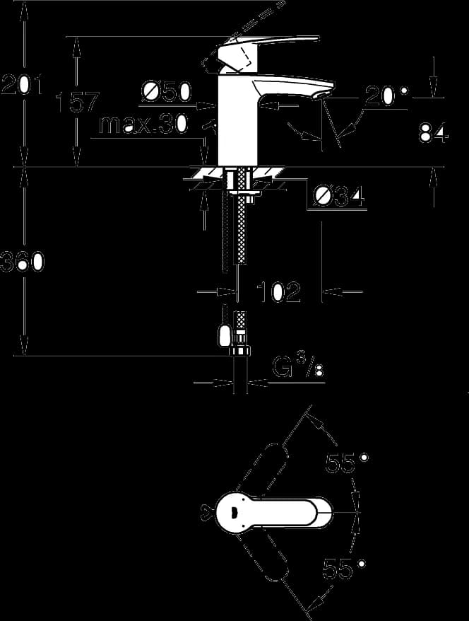 GROHE Eurostyle Cosmopolitan Baterie lavoar monocomandă 1/2" - desen tehnic cu cote