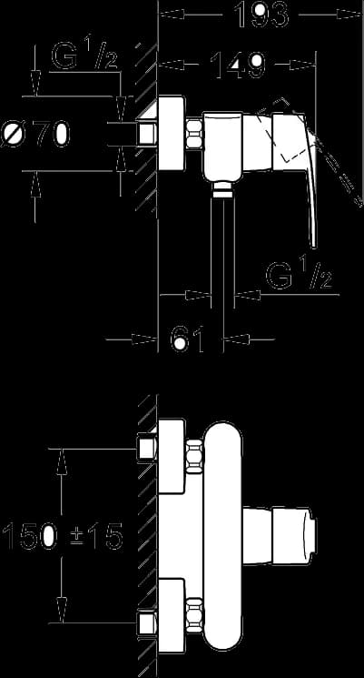 GROHE Eurostyle Cosmopolitan Baterie duş monocomandă 1/2" - desen tehnic cu cote
