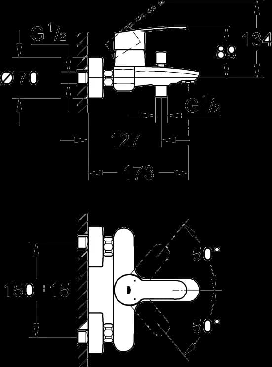 GROHE Eurostyle Cosmopolitan Baterie cadă monocomandă 1/2" - desen tehnic cu cote