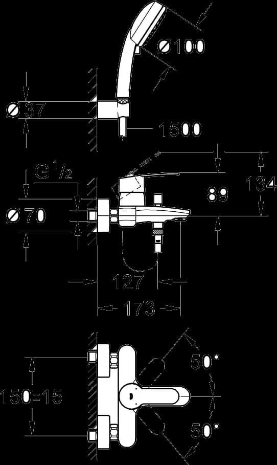GROHE Eurostyle Cosmopolitan Baterie cadă monocomandă 1/2" - desen tehnic cu cote