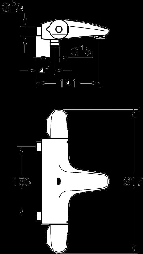 GROHE Grohtherm 1000 Baterie cadă termostatata 3/4" - desen tehnic cu cote
