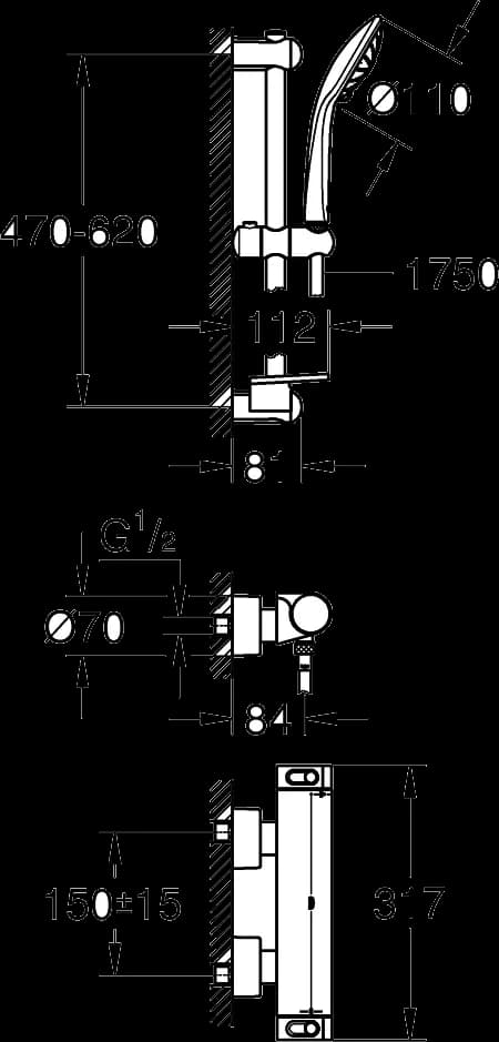 GROHE Grohtherm 2000 Baterie duş cu termostat 1/2" cu set de duş - desen tehnic cu cote