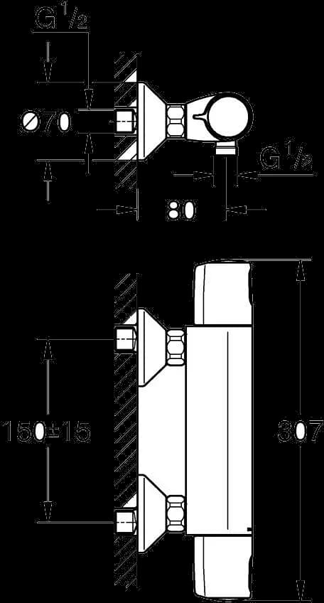 GROHE Precision Trend Baterie duş cu termostat 1/2" - desen tehnic cu cote