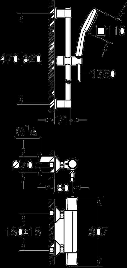 GROHE Precision Trend Baterie duş cu termostat 1/2" - desen tehnic cu cote