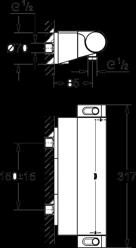 GROHE Grohtherm 2000 Baterie duş cu termostat 1/2" - desen tehnic cu cote