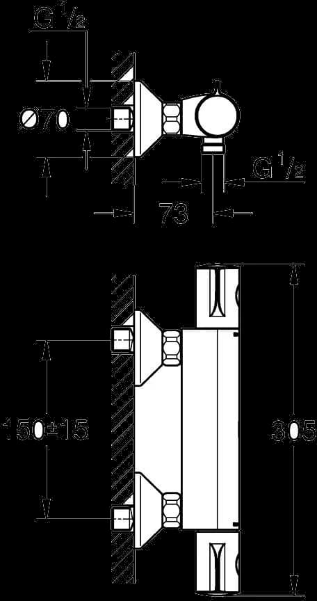 GROHE Grohtherm 800 Baterie duş cu termostat 1/2" - desen tehnic cu cote