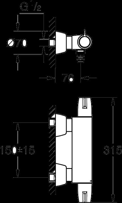 GROHE Grohtherm Special Baterie lavoar termostatată 1/2" - desen tehnic cu cote