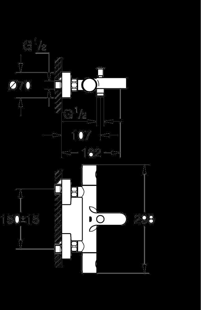 GROHE Grohtherm 800 Cosmopolitan Baterie cadă cu termostat 1/2" - desen tehnic cu cote