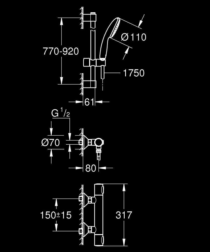 GROHE Grohtherm 500 Baterie duş cu termostat 1/2" - desen tehnic cu cote