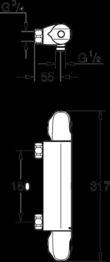 GROHE Grohtherm 1000 Baterie duş cu termostat 1/2" - desen tehnic cu cote