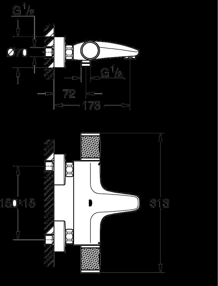 GROHE Grohtherm 1000 Performance Baterie cadă cu termostat 1/2" - desen tehnic cu cote