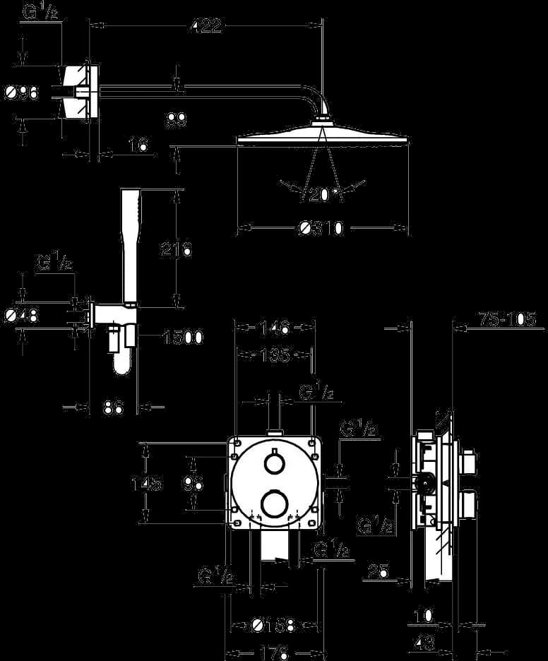 GROHE Grohtherm Sistem de duș încastrat cu Rainshower Mono 310 - desen tehnic cu cote
