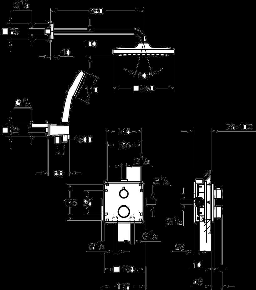 GROHE Grohtherm Sistem de duș încastrat cu Tempesta 250 Cube - desen tehnic cu cote