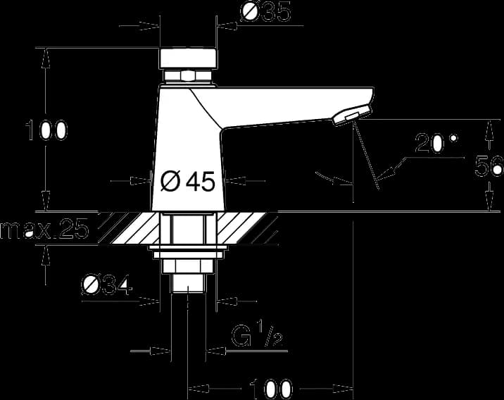 GROHE Eurosmart Cosmopolitan T Ventil stativ cu închidere automată 1/2" - desen tehnic cu cote