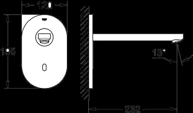 GROHE Eurosmart Cosmopolitan E Robinet de lavoar cu infraroșu cu montare pe perete - desen tehnic cu cote