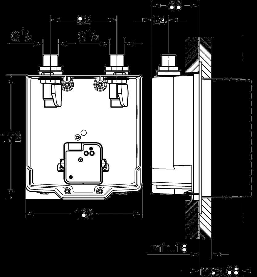 GROHE Eurosmart Cosmopolitan E Sistem îngropat în perete - desen tehnic cu cote