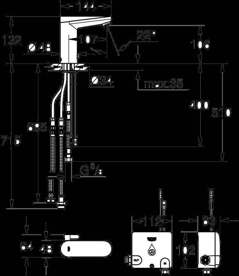 GROHE Eurosmart Cosmopolitan E Powerbox - desen tehnic cu cote