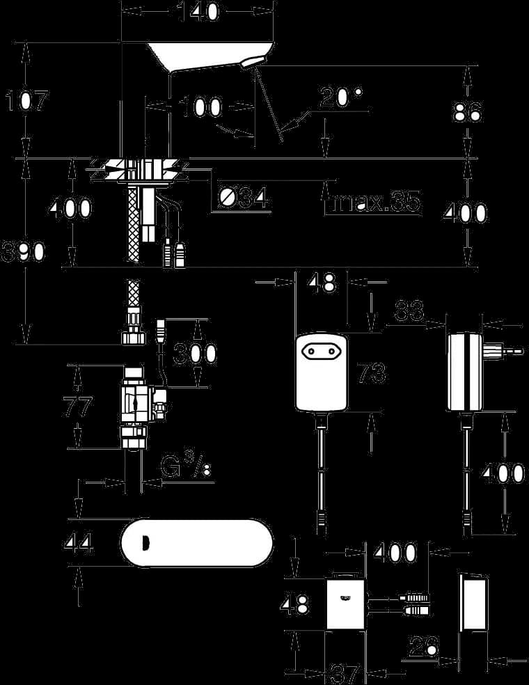 GROHE Eurosmart Cosmopolitan E Robinet electronic cu infraroşu 1/2“ - desen tehnic cu cote