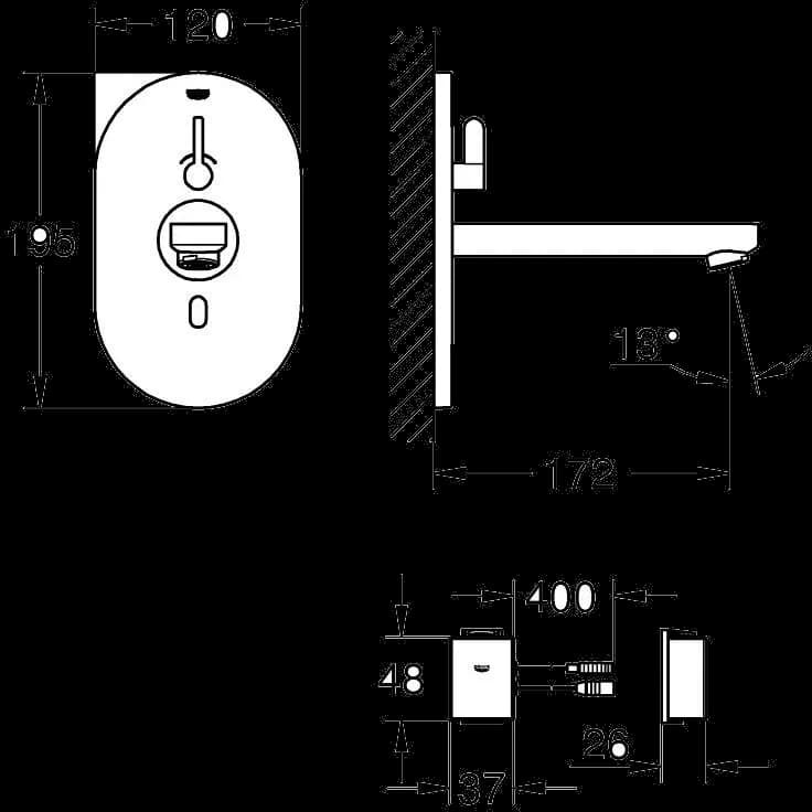 GROHE Eurosmart Cosmopolitan E Bluetooth Baterie electronică cu infraroșu 1/2" cu dispozitiv de mixare și limitator de temperatură ajustabil - desen tehnic cu cote