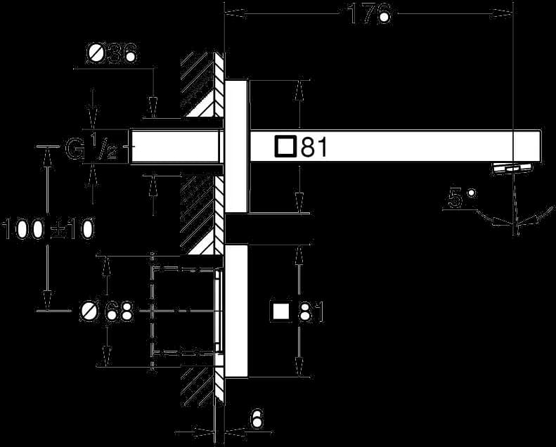 GROHE Eurocube E Robinet de lavoar cu infraroșu cu montare pe perete - desen tehnic cu cote