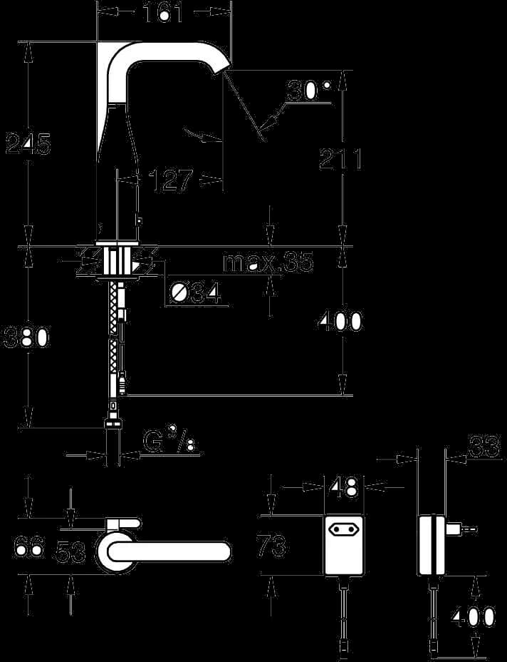 GROHE Essence E Baterie electronică cu infraroșu 1/2" cu dispozitiv de mixare și limitator de temperatură ajustabil - desen tehnic cu cote