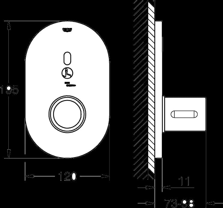 GROHE Eurosmart Cosmopolitan E Special Senzor infraroșu pentru termostat de duș încastrat - desen tehnic cu cote