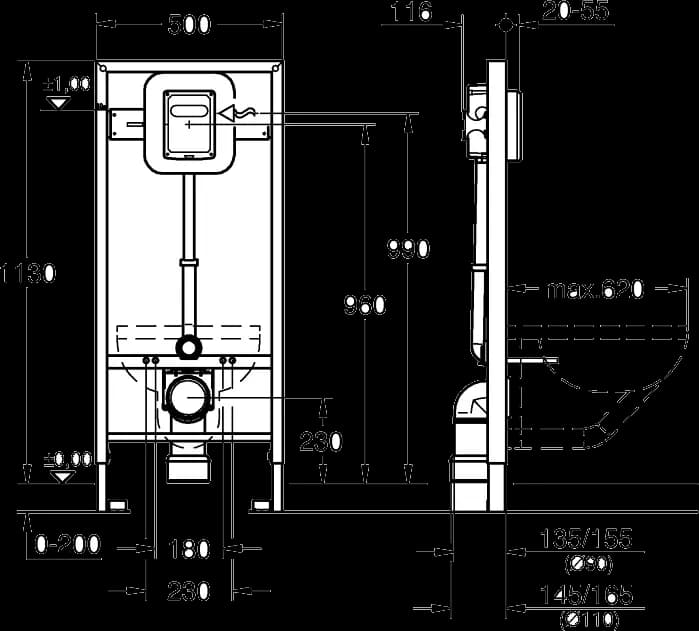 GROHE Rapid SL Modul de montaj pentru WC cu ventil de evacuare, înălțime instalare 1.13m - desen tehnic cu cote