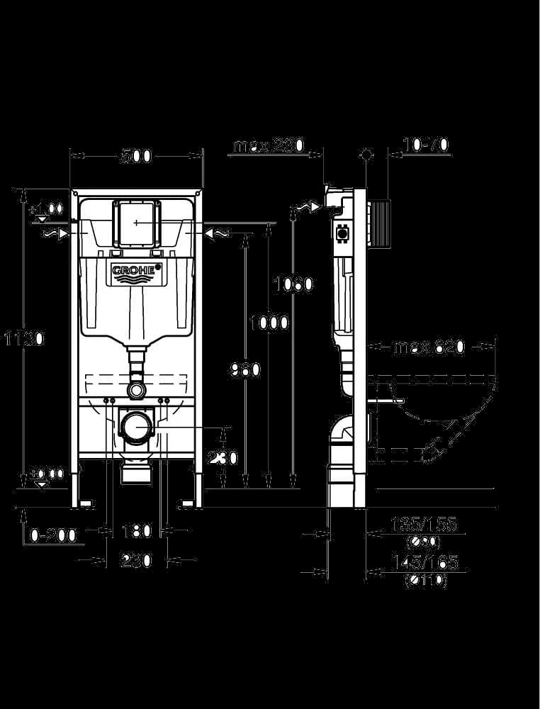 GROHE Rapid SL 2 în 1 set pentru WC, 1.13 m înălţime de instalare - desen tehnic cu cote