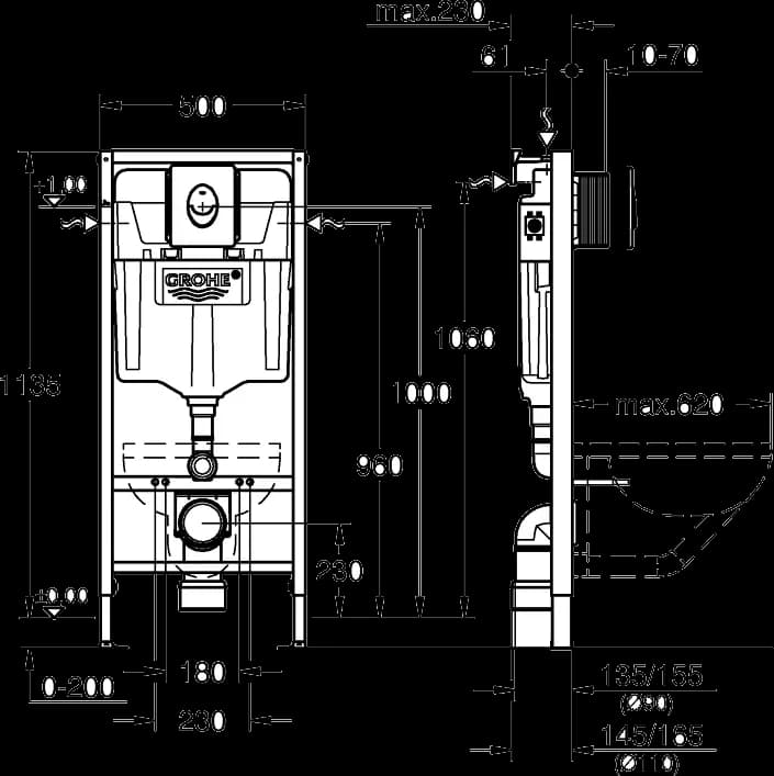 GROHE Rapid SL project 3 în 1 set pentru WC, 1.13 m înălțime de instalare - desen tehnic cu cote
