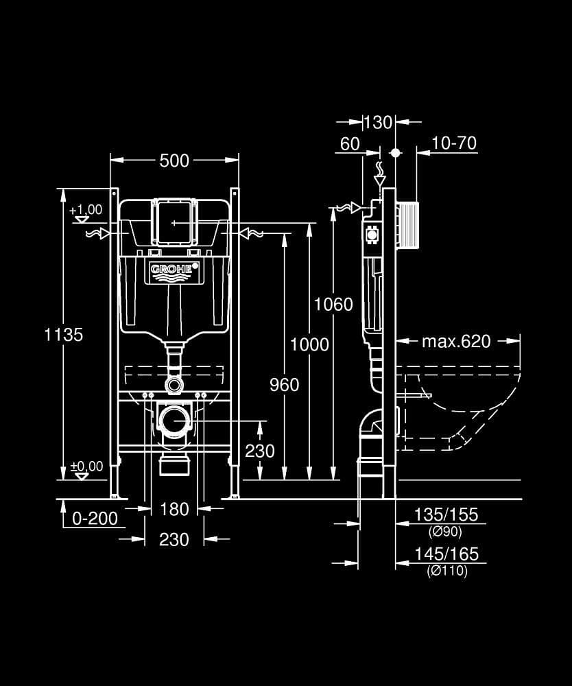 GROHE Rapid SL project Rezervor încastrat pentru WC, înălțime de 1.13 m - desen tehnic cu cote